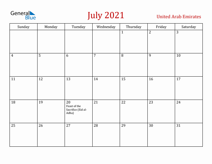 United Arab Emirates July 2021 Calendar - Sunday Start