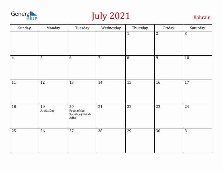 Bahrain July 2021 Calendar - Sunday Start