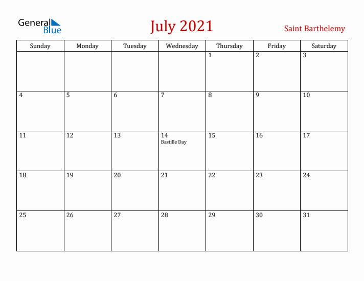 Saint Barthelemy July 2021 Calendar - Sunday Start