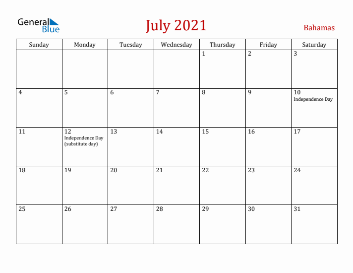Bahamas July 2021 Calendar - Sunday Start