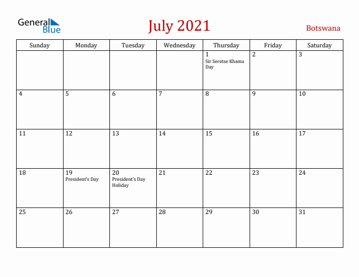 Botswana July 2021 Calendar - Sunday Start
