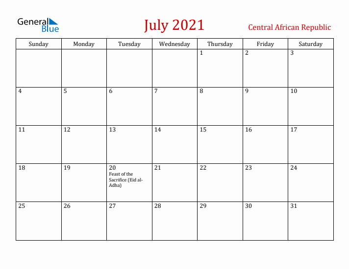 Central African Republic July 2021 Calendar - Sunday Start