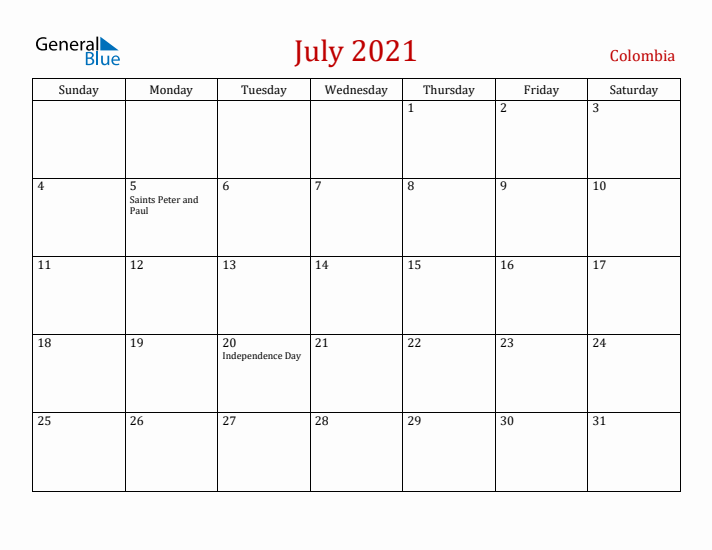 Colombia July 2021 Calendar - Sunday Start