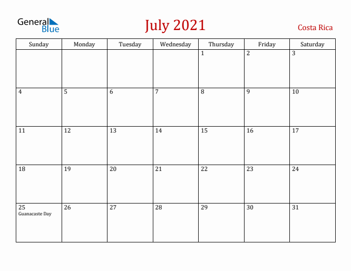 Costa Rica July 2021 Calendar - Sunday Start