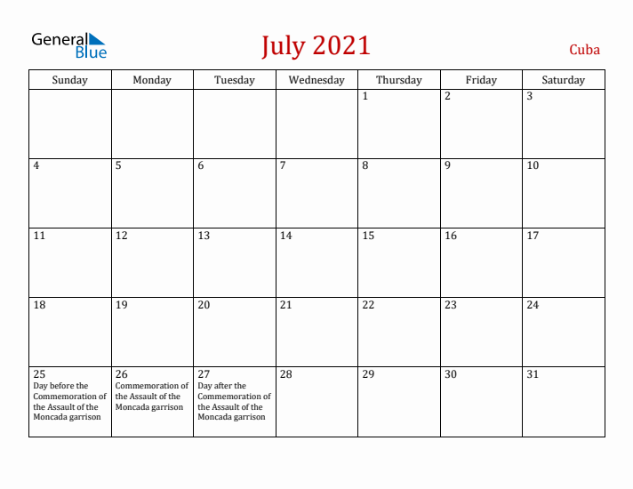 Cuba July 2021 Calendar - Sunday Start