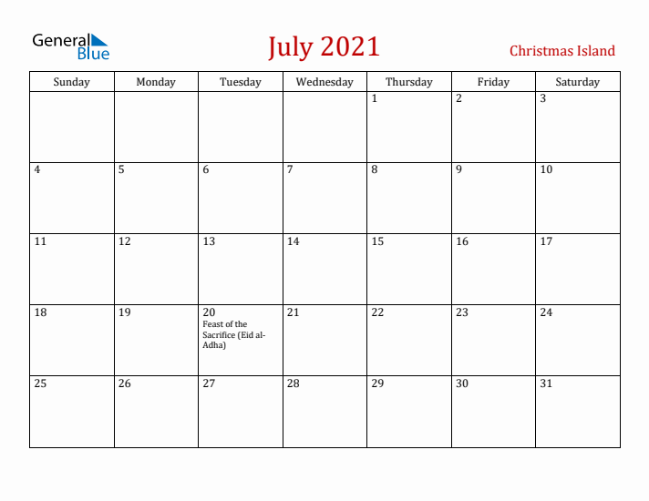 Christmas Island July 2021 Calendar - Sunday Start