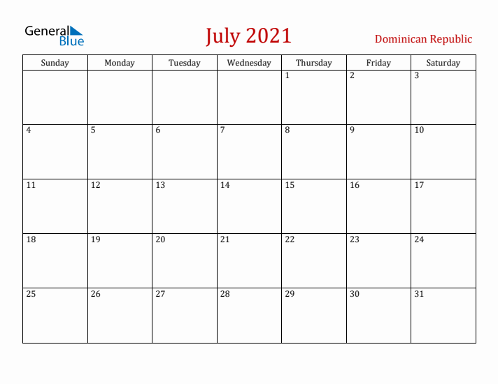 Dominican Republic July 2021 Calendar - Sunday Start