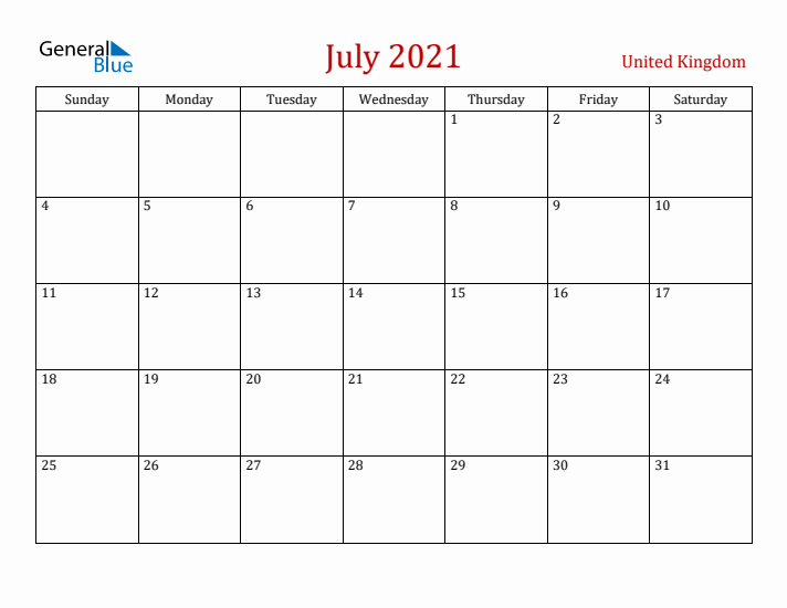 United Kingdom July 2021 Calendar - Sunday Start