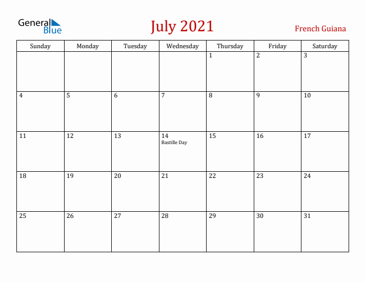 French Guiana July 2021 Calendar - Sunday Start
