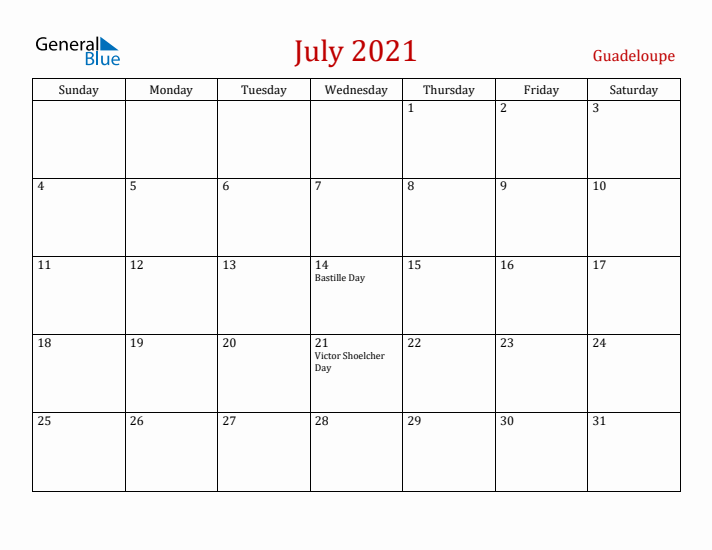 Guadeloupe July 2021 Calendar - Sunday Start