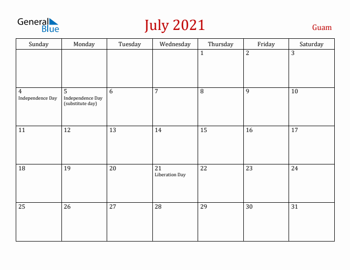 Guam July 2021 Calendar - Sunday Start