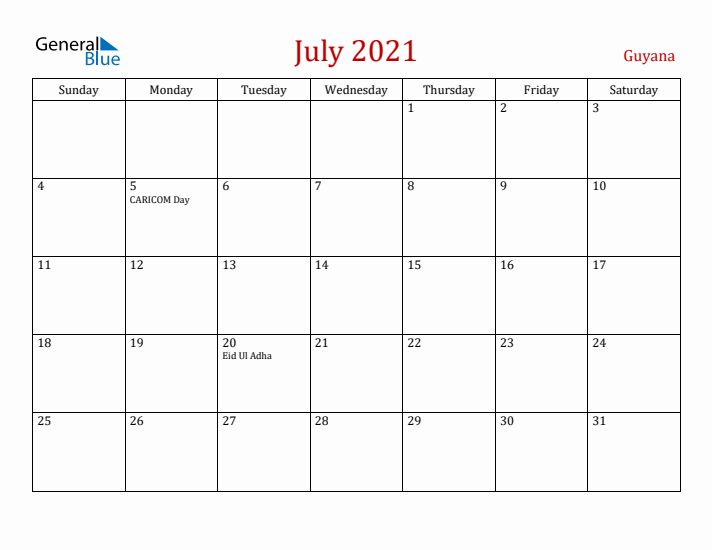 Guyana July 2021 Calendar - Sunday Start