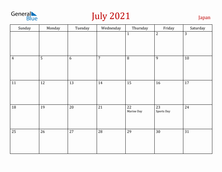 Japan July 2021 Calendar - Sunday Start