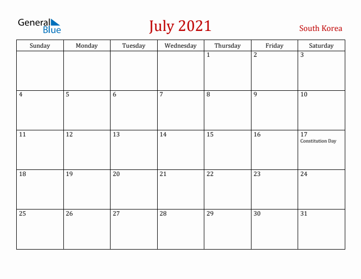 South Korea July 2021 Calendar - Sunday Start