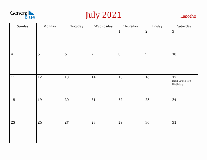 Lesotho July 2021 Calendar - Sunday Start