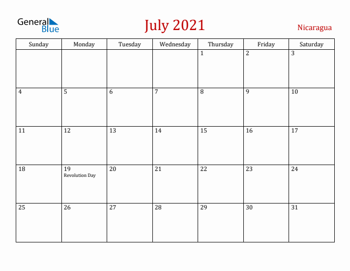 Nicaragua July 2021 Calendar - Sunday Start