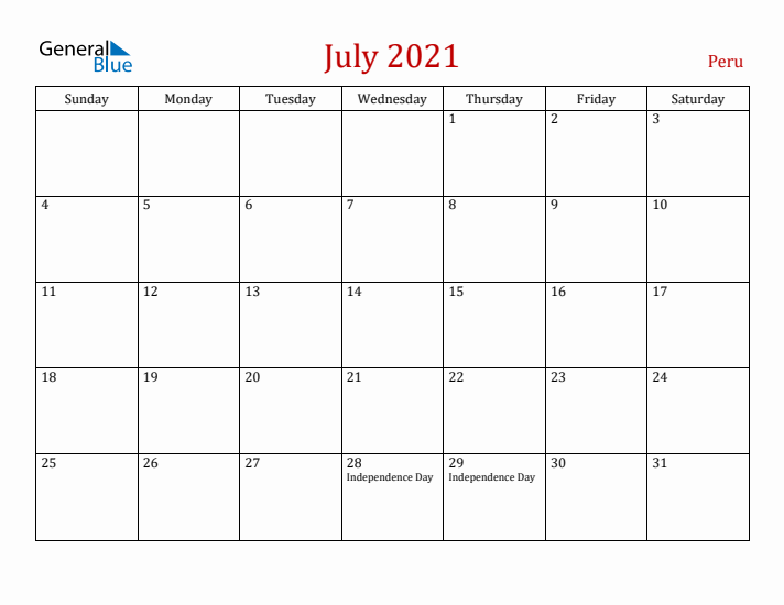 Peru July 2021 Calendar - Sunday Start
