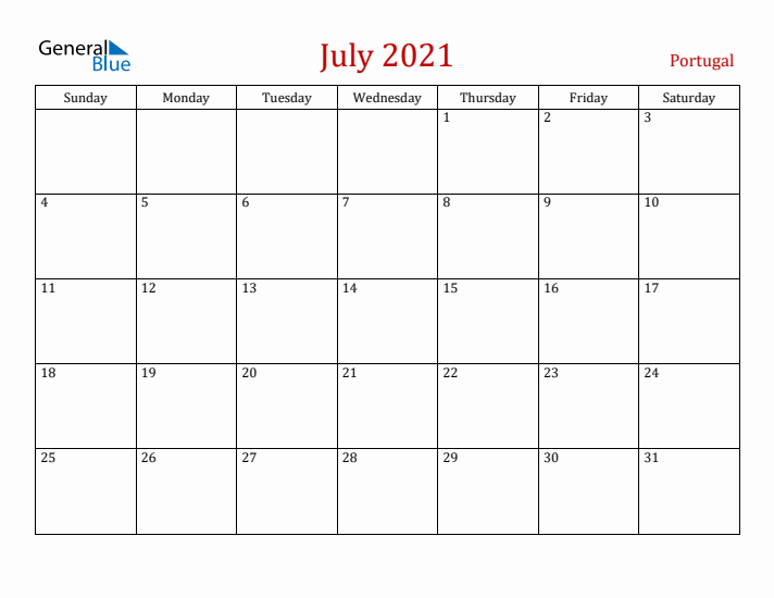 Portugal July 2021 Calendar - Sunday Start