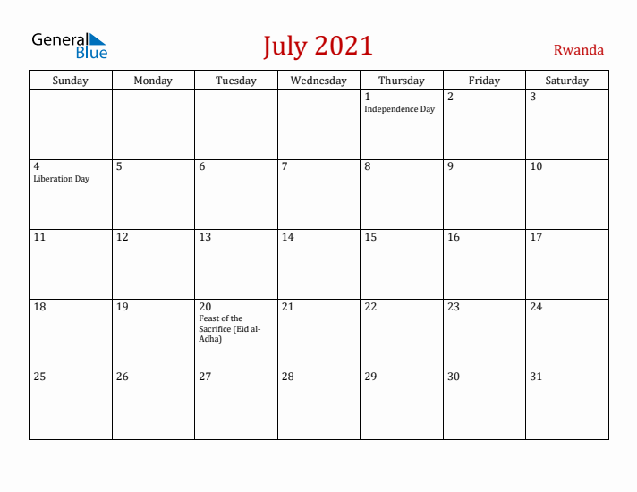 Rwanda July 2021 Calendar - Sunday Start