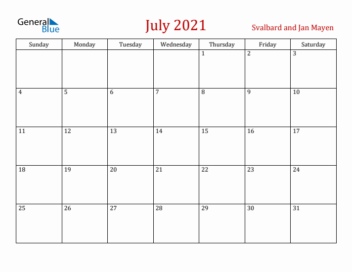 Svalbard and Jan Mayen July 2021 Calendar - Sunday Start