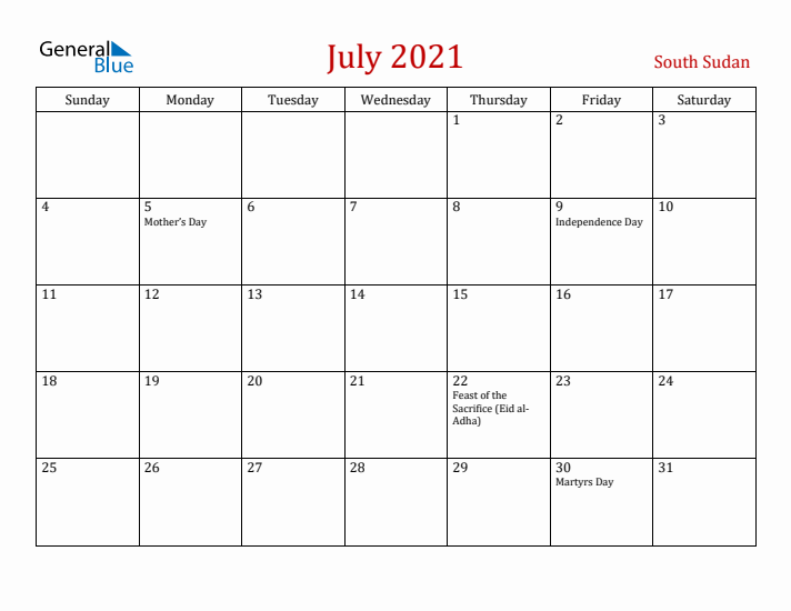 South Sudan July 2021 Calendar - Sunday Start