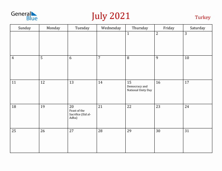 Turkey July 2021 Calendar - Sunday Start