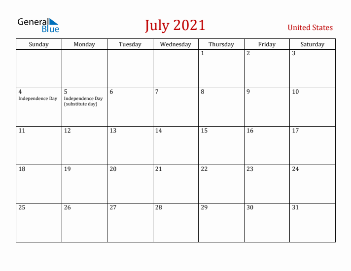 United States July 2021 Calendar - Sunday Start