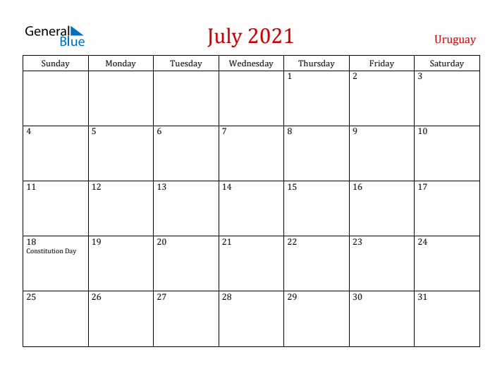 Uruguay July 2021 Calendar - Sunday Start