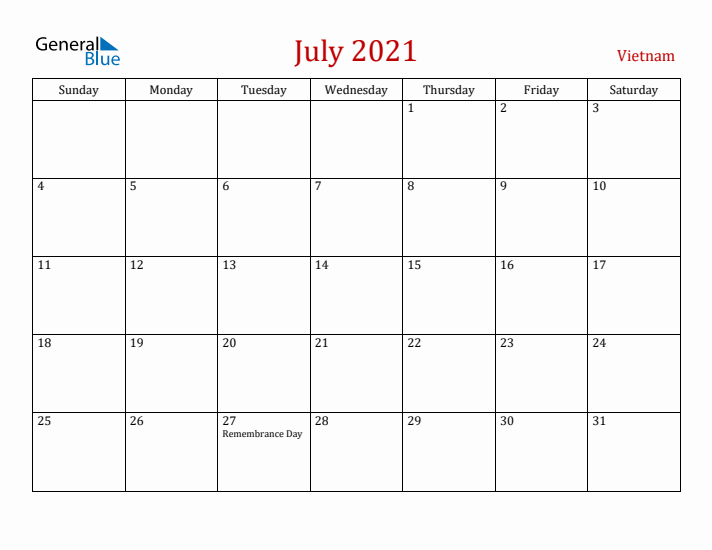 Vietnam July 2021 Calendar - Sunday Start