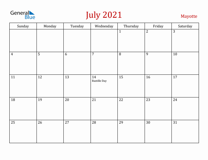 Mayotte July 2021 Calendar - Sunday Start