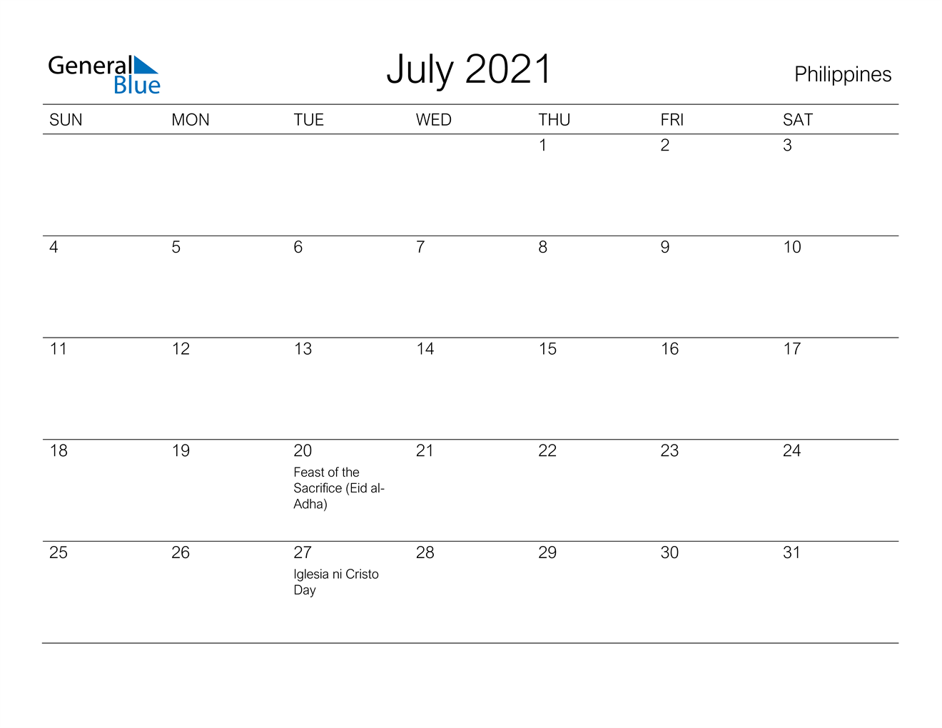 July 2021 Calendar - Philippines