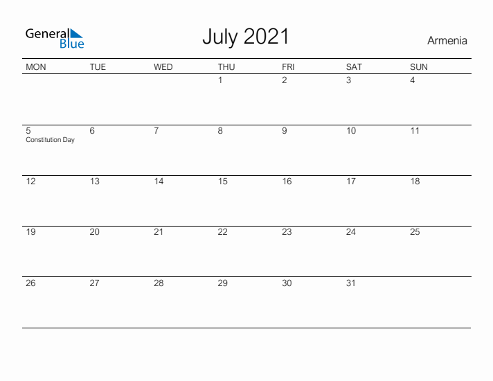 Printable July 2021 Calendar for Armenia
