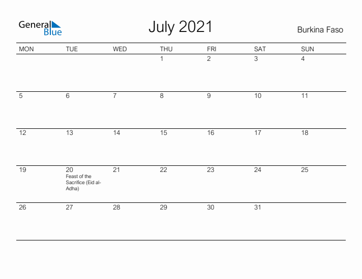 Printable July 2021 Calendar for Burkina Faso