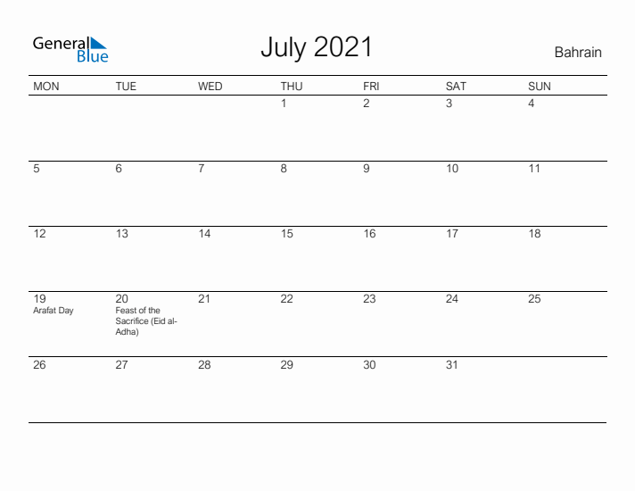 Printable July 2021 Calendar for Bahrain