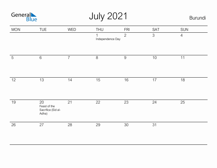 Printable July 2021 Calendar for Burundi
