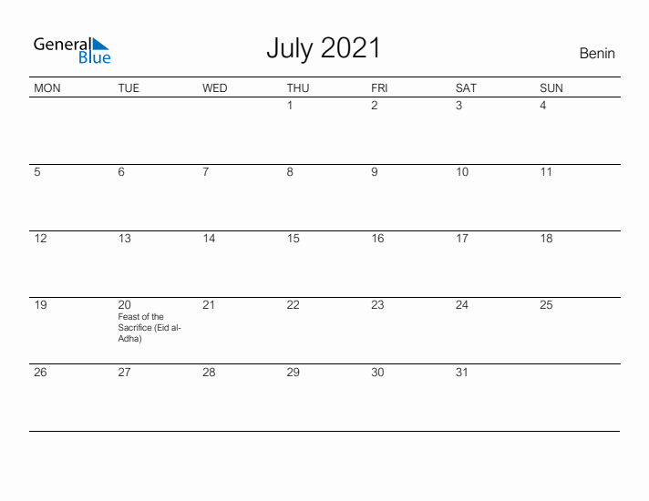 Printable July 2021 Calendar for Benin