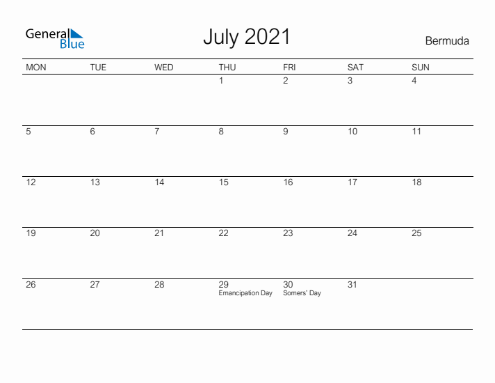 Printable July 2021 Calendar for Bermuda
