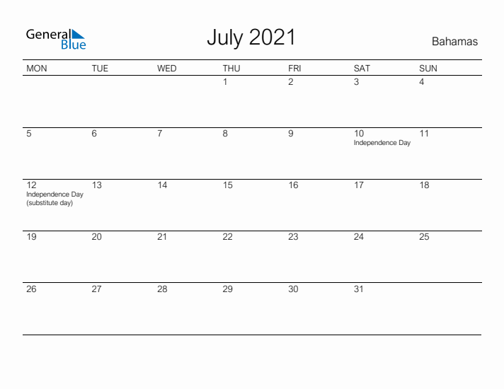 Printable July 2021 Calendar for Bahamas