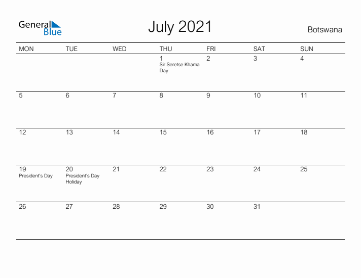 Printable July 2021 Calendar for Botswana