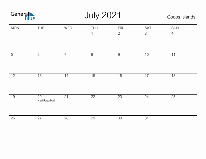 Printable July 2021 Calendar for Cocos Islands