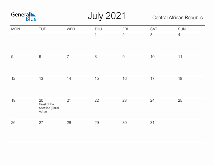 Printable July 2021 Calendar for Central African Republic