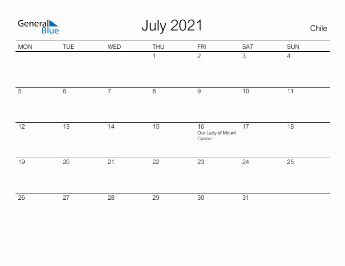 Printable July 2021 Calendar for Chile