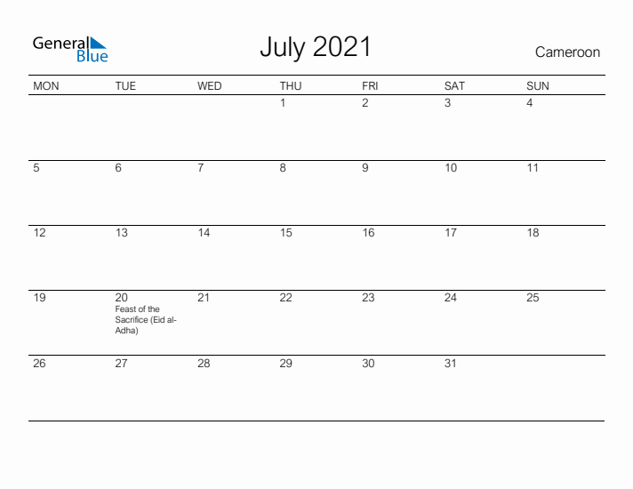 Printable July 2021 Calendar for Cameroon