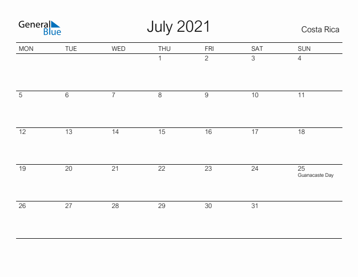 Printable July 2021 Calendar for Costa Rica