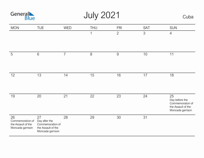 Printable July 2021 Calendar for Cuba