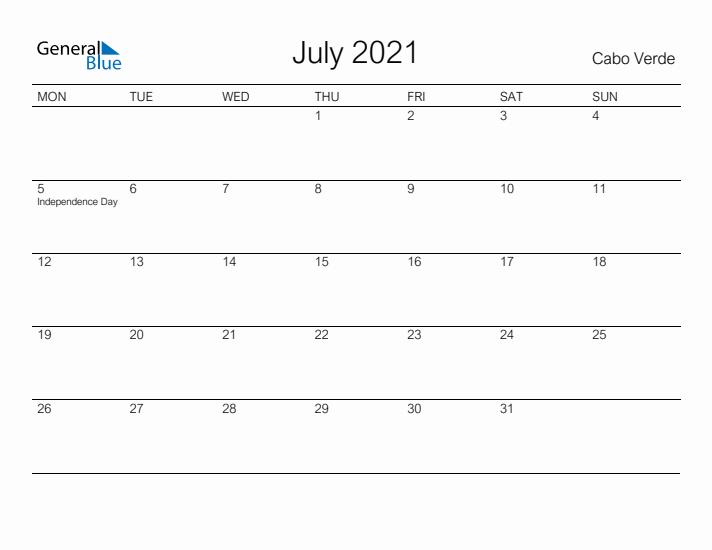 Printable July 2021 Calendar for Cabo Verde