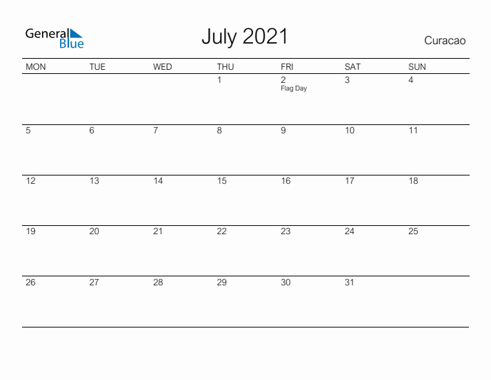 Printable July 2021 Calendar for Curacao