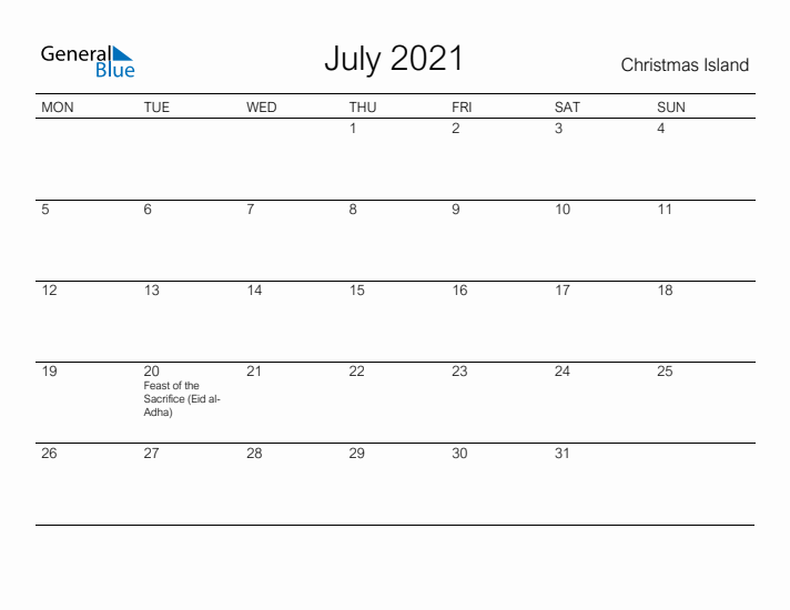 Printable July 2021 Calendar for Christmas Island