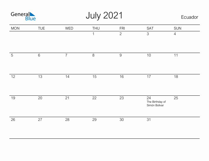 Printable July 2021 Calendar for Ecuador
