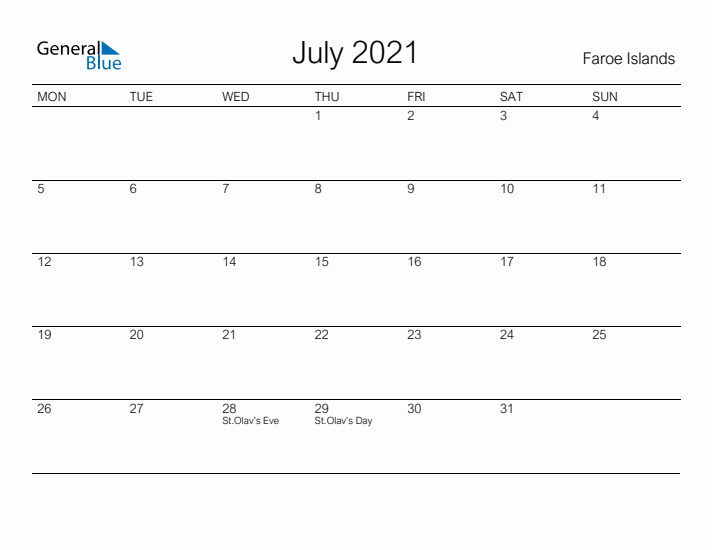 Printable July 2021 Calendar for Faroe Islands